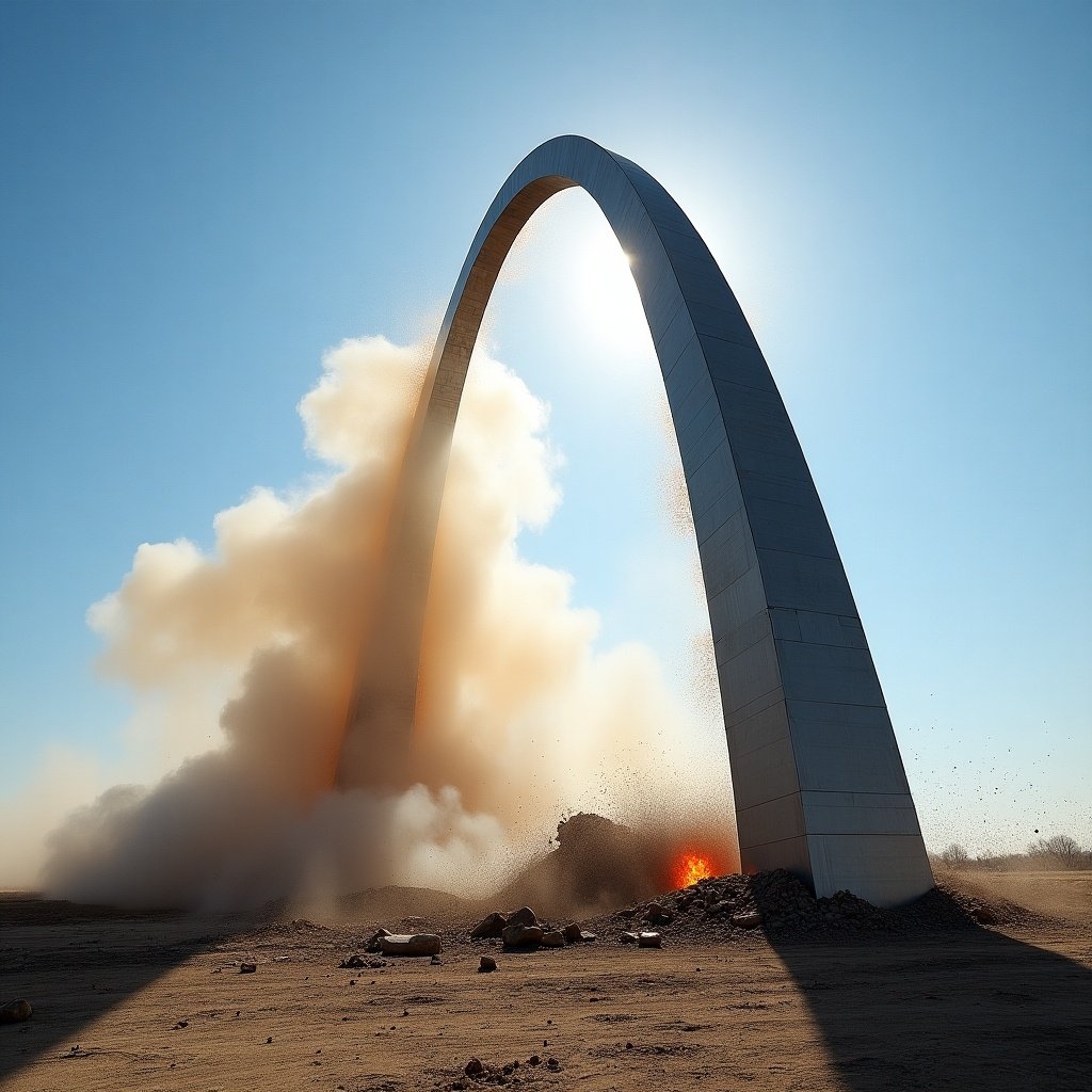 This image shows a frontal view of the Gateway Arch during its demolition with explosives. Thick clouds of smoke billow around the structure, indicating the force of the blast. The sunlight creates a striking halo effect behind the arch, emphasizing its iconic shape. Debris and dust can be seen rising from the base of the arch, symbolizing change and destruction. This moment captures both the historical value of the arch and the power of modern demolitions.