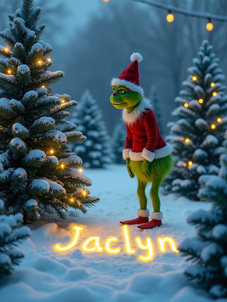 Grinch in snow surrounded by Christmas trees. Grinch writing name in snow. Trees decorated with lights. Winter scene.