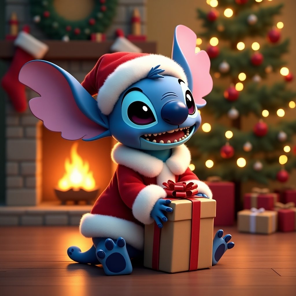 Stitch in a Santa outfit. Christmas tree in the background. Fireplace with stockings. Holding a present labeled Lola.