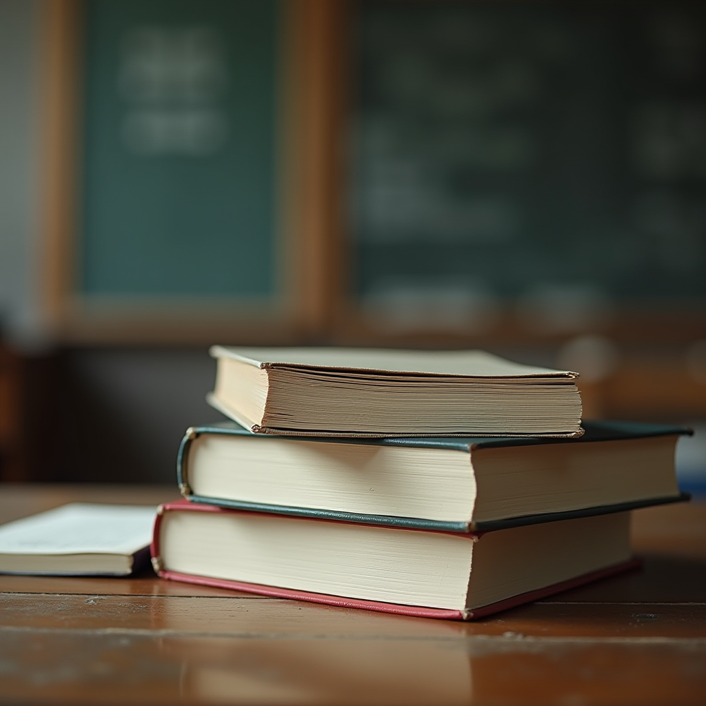 A stack of three hardcover books on a wooden desk with a blurred chalkboard in the background, evoking a nostalgic classroom atmosphere.