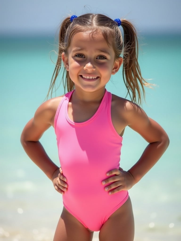 Child stands confidently at the beach wearing a pink bathing suit. Ocean and clear sky in the background. Child poses with hands on hips. The scene depicts summer fun and leisure activities.