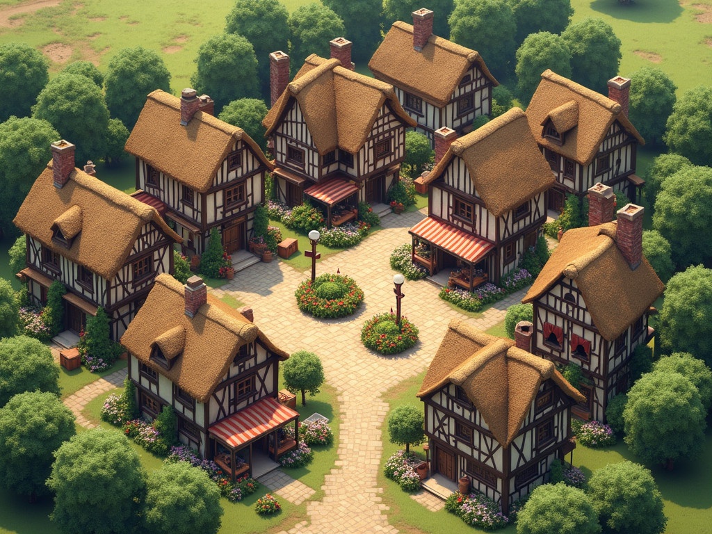 An isometric view of a medieval town showcases two-story half-timbered houses with thatched roofs. Ground floors feature artisan shops. Outer workshops include blacksmiths and carpenters. Spring season adds vibrant flowers around. The scene blends into meadows and forests for a tranquil rural charm.