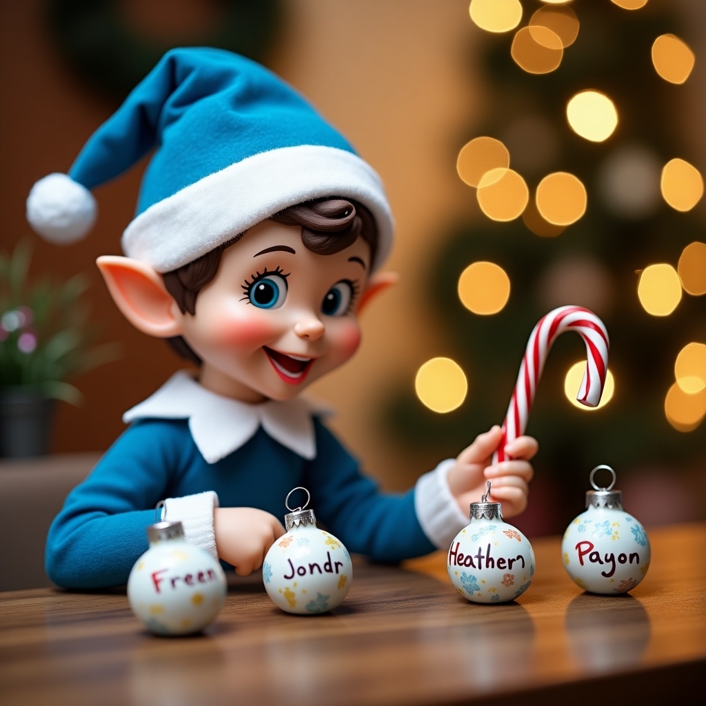 A delightful Christmas scene featuring a charming elf dressed in a bright blue outfit. The elf is happily writing names on festive baubles sitting at a wooden table. Surrounding the elf are various holiday decorations, enhancing the cheerful atmosphere. In the background, a Christmas tree adorned with twinkling lights creates a magical ambiance. The elf holds a red and white candy cane, adding to the festive cheer. The names written include Heather, David, Chloe, Freya, Ruben, Payton, Ezra, and Isaac, showcasing a personal touch for the holiday season. This scene radiates joy and holiday anticipation.