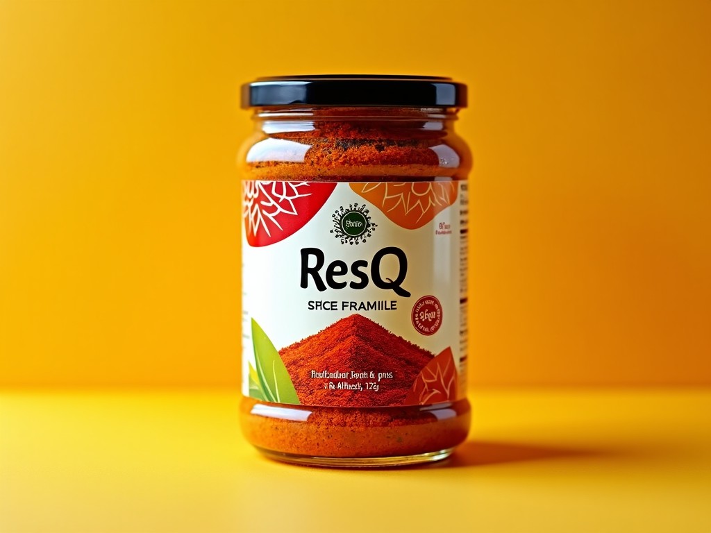 The image features a vibrant jar of spice with the brand name 'ResQ' prominently displayed. The jar is filled with a rich red spice, creating a striking contrast against a bright yellow background. The label is colorful and attractive, designed to catch the eye of consumers. This image showcases the jar in a clean and appealing way, ideal for food-related marketing. The overall composition is bright and inviting, perfect for promoting culinary products.