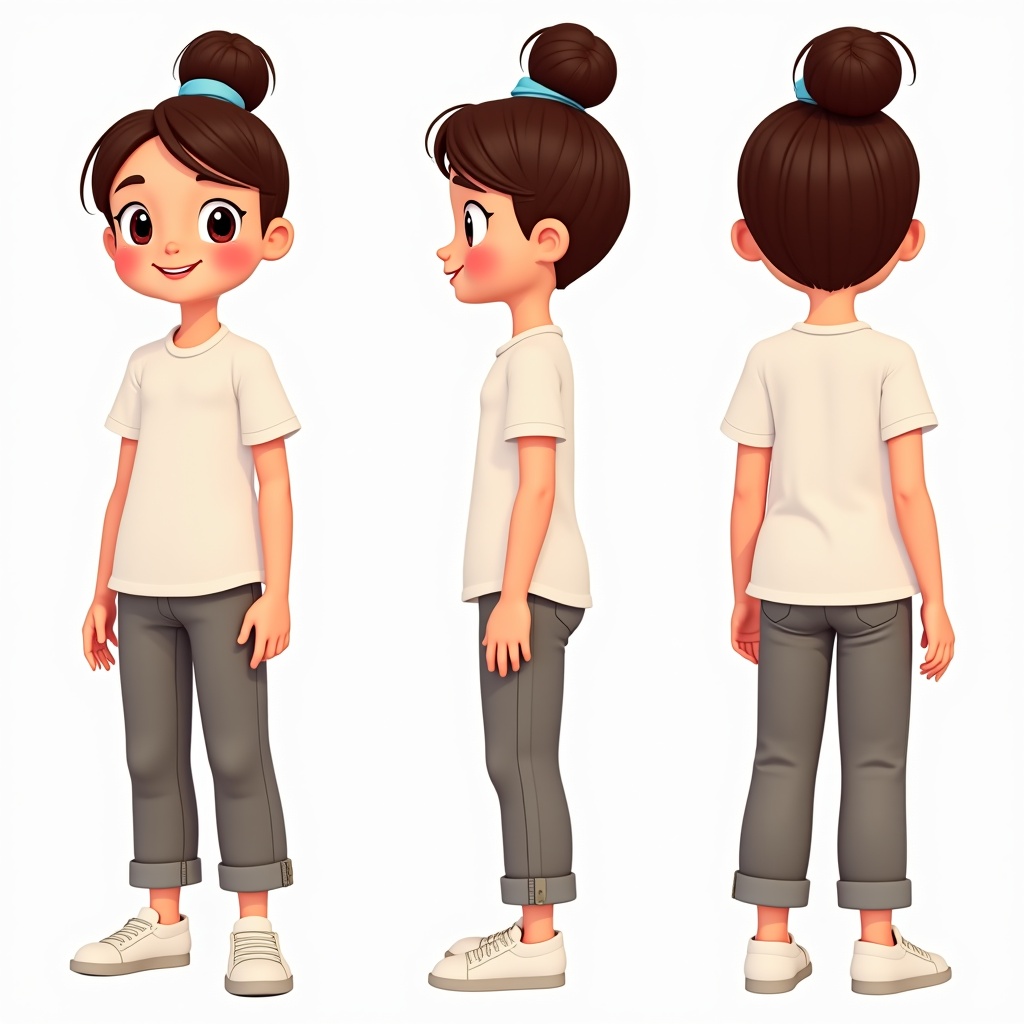 This image features a character design turn-around sheet depicting a cheerful girl. She has a bun hairstyle and is wearing a plain white t-shirt paired with gray trousers. The sheet shows her in three views: front, side, and back. She is also wearing white sneakers, enhancing her casual look. The character's smile conveys a friendly demeanor, making her suitable for various projects.