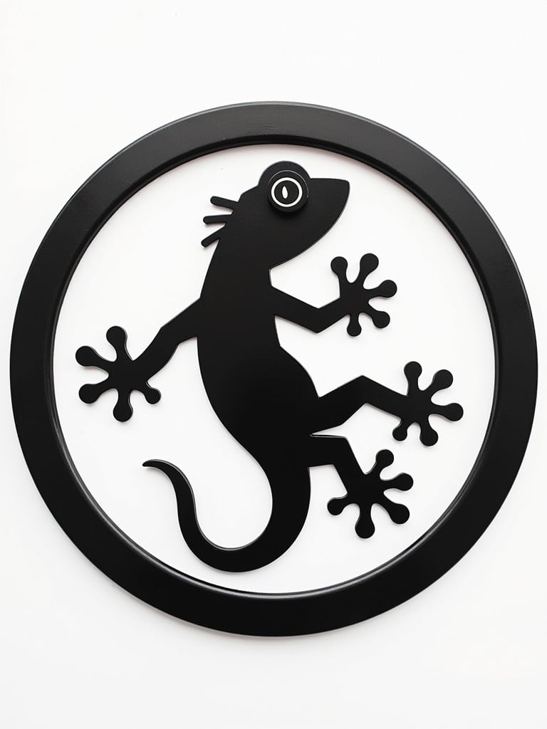 Create a greyscale image of a round emblem depicting gecko. The gecko should be in silhouette with visible limbs and texture.