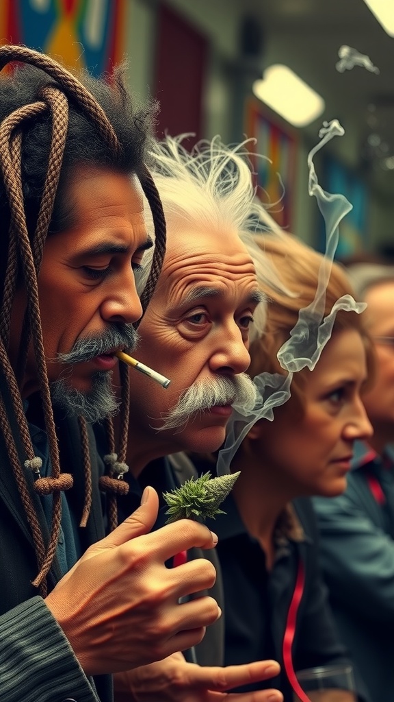 A group of unique individuals sharing a moment, surrounded by colorful art and smoke.