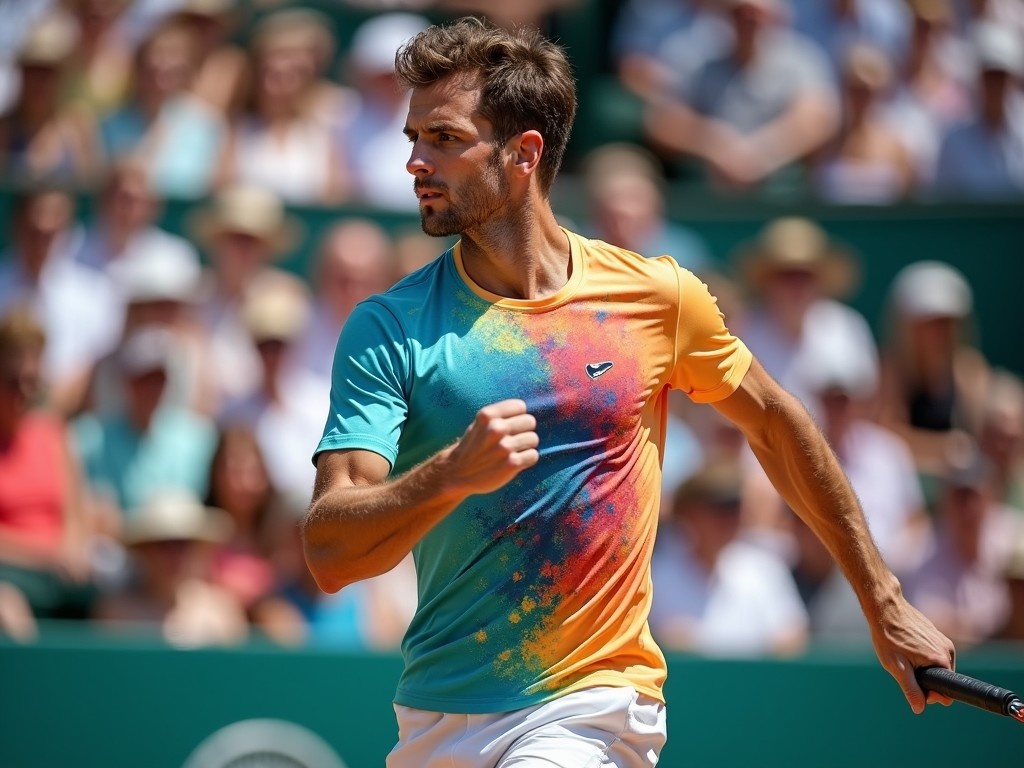 A dynamic tennis player is captured in action during a match. He wears a uniquely designed t-shirt, blending bright colors like orange and teal, creating an energetic visual. The crowd can be seen in the background, cheering on the players. The lighting is vibrant, highlighting the player's athleticism and focused expression. This moment embodies the intensity and excitement of competitive tennis.