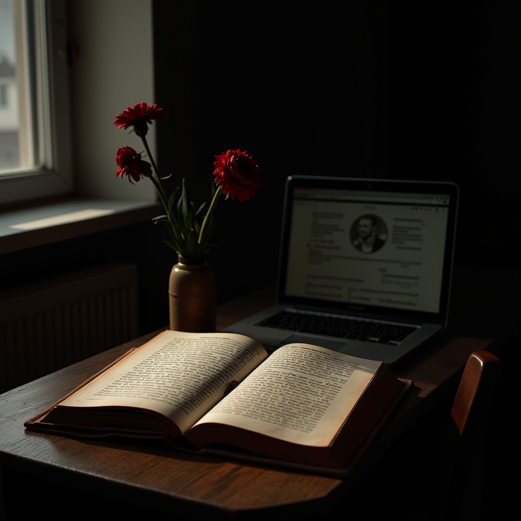 A cozy, dimly lit study setting with an open book, a vase of flowers, and a laptop on a wooden desk near a window.