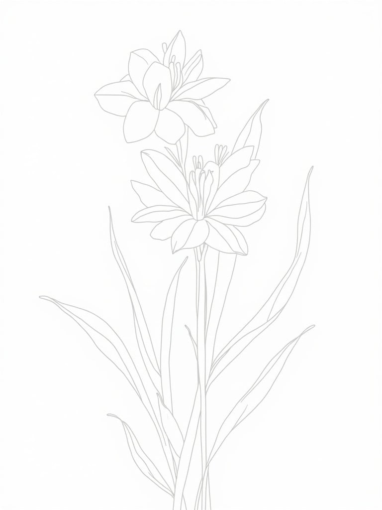 Floral design is presented featuring detailed flowers and stems. Illustrative line art style uses black lines on a pure white background. A minimalist artistic approach is displayed prominently.