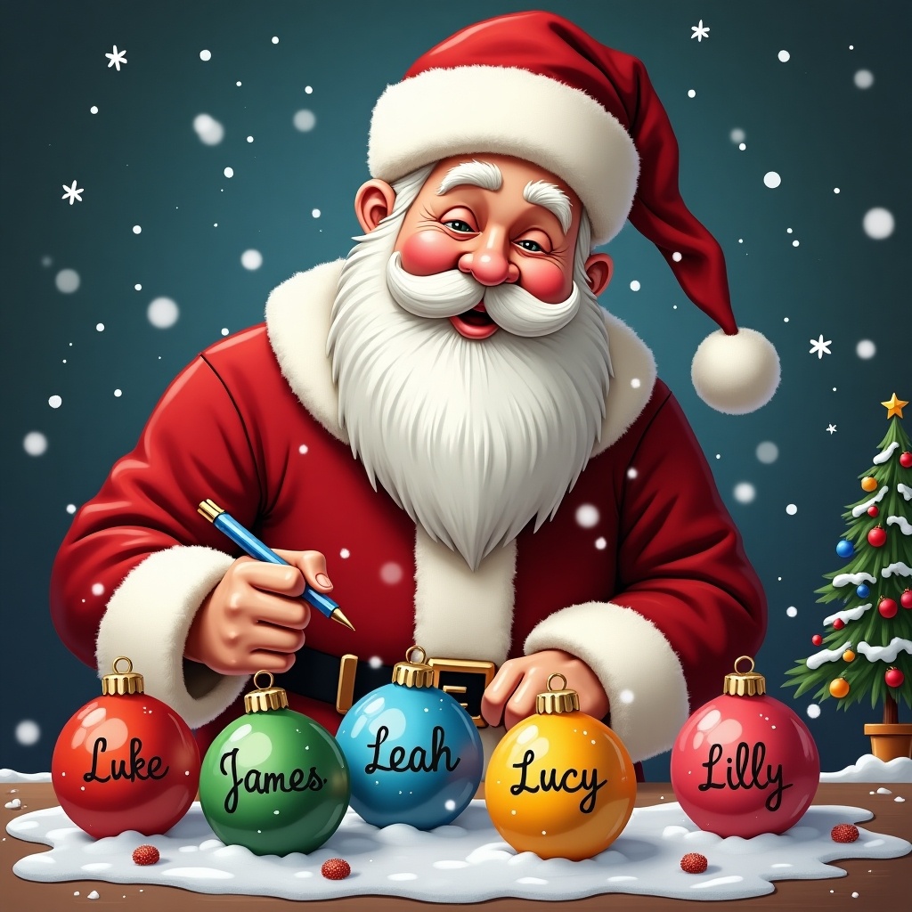 The image features Santa Claus joyfully writing names on colorful baubles for Christmas. Santa is dressed in his classic red suit and hat, with a big smile on his face. The baubles are vibrant, showcasing the names 'Luke', 'James', 'Leah', 'Lucy', and 'Lilly'. In the background, a small Christmas tree adds to the festive atmosphere. Snow is gently falling, enhancing the holiday spirit. This illustration captures the joy of personalized holiday traditions.