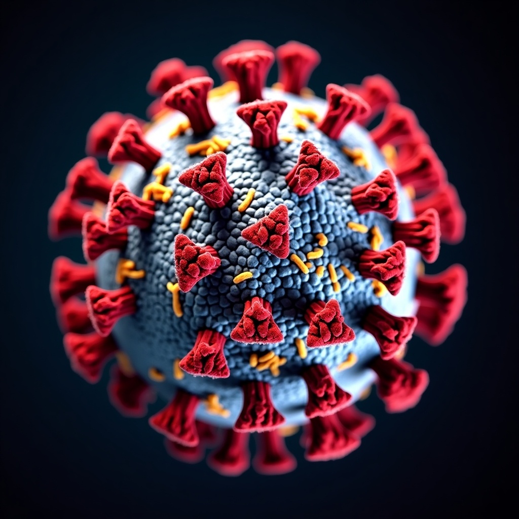 The image showcases a detailed close-up view of a virus, emphasizing its spherical shape with spikes. The virus is depicted in vibrant colors, particularly red for the spikes and gray for the body, set against a dark background. This contrast makes the virus stand out distinctly, demonstrating its intricate morphology. Such illustrations are crucial in educational contexts, particularly in understanding infections and immune responses related to viruses. The vivid details help in visualizing the complexity of viral structures.