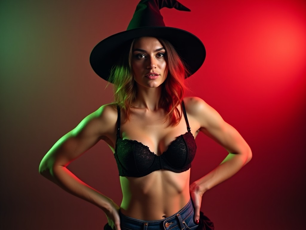 A confident woman wearing a witch costume, highlighted by dramatic red and green lighting, for a fashion shoot with a Halloween theme.