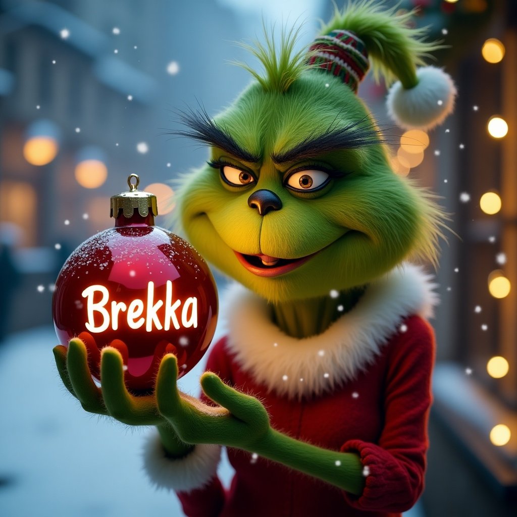 Grinch character holds a red bauble. Name Brekka is engraved on the bauble. Snow falls in the background. Christmas lights are twinkling in the scene.