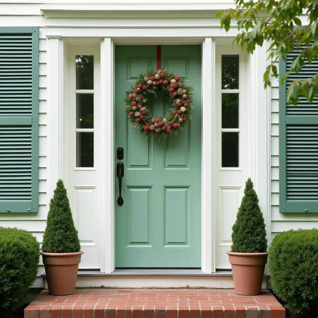 House exterior features light green front door with wreath. Shutters frame the door. Potted plants on either side. Brick pathway leads to entrance.