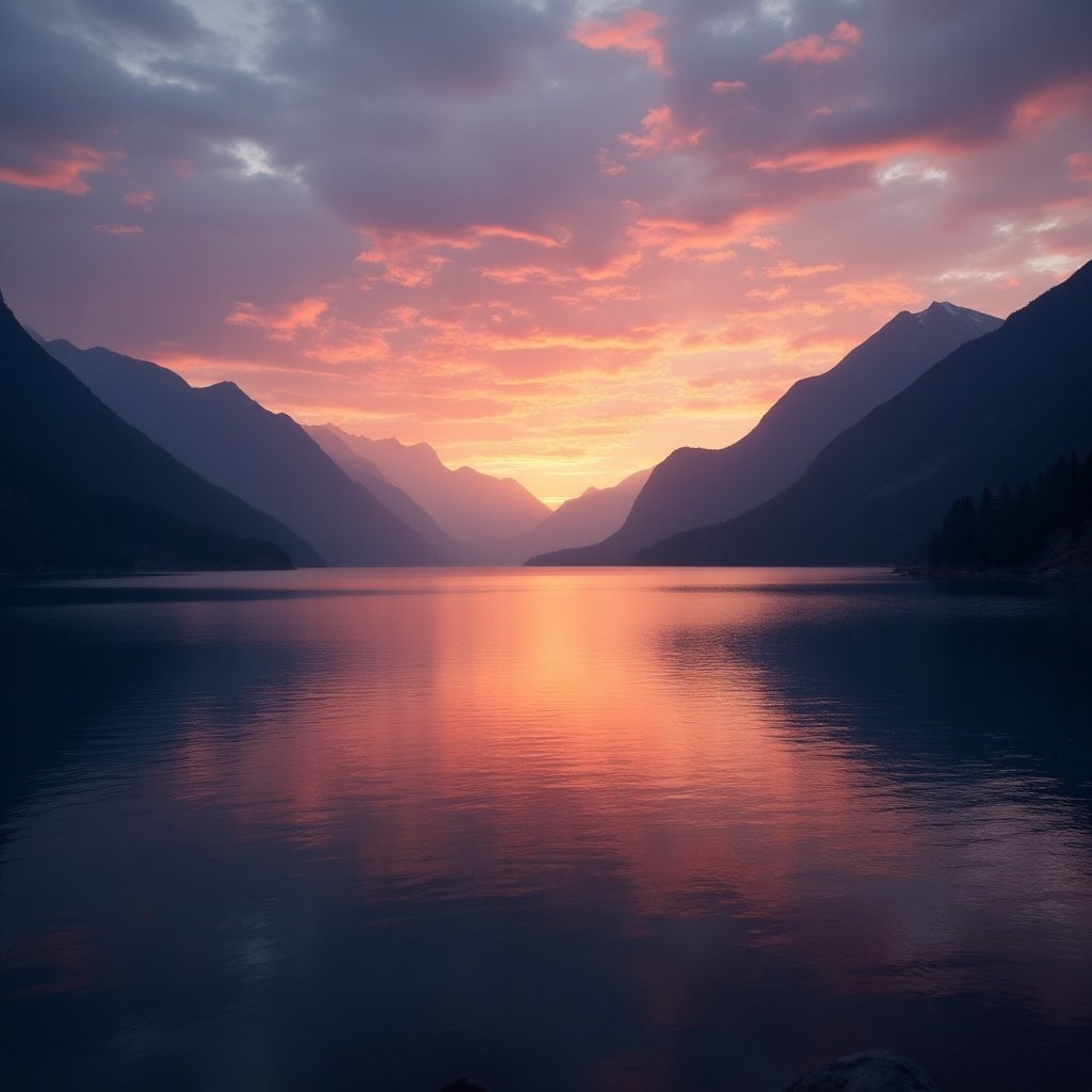 A stunning sunset over a tranquil mountain lake. Mountains frame the lake, reflecting vibrant colors in the water. The sky displays hues of orange, pink, and purple as the sun sets behind the peaks.