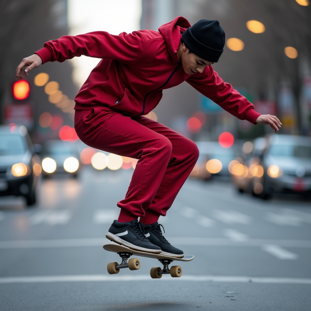 Individual wearing red tracksuit performs skateboard trick in the air on a city street. Cars and city lights blur in the background, creating a sense of motion and action.