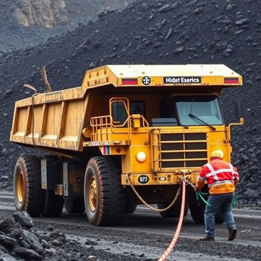 A person in a construction outfit pulls a gigantic mining truck with a rope on a coal field.