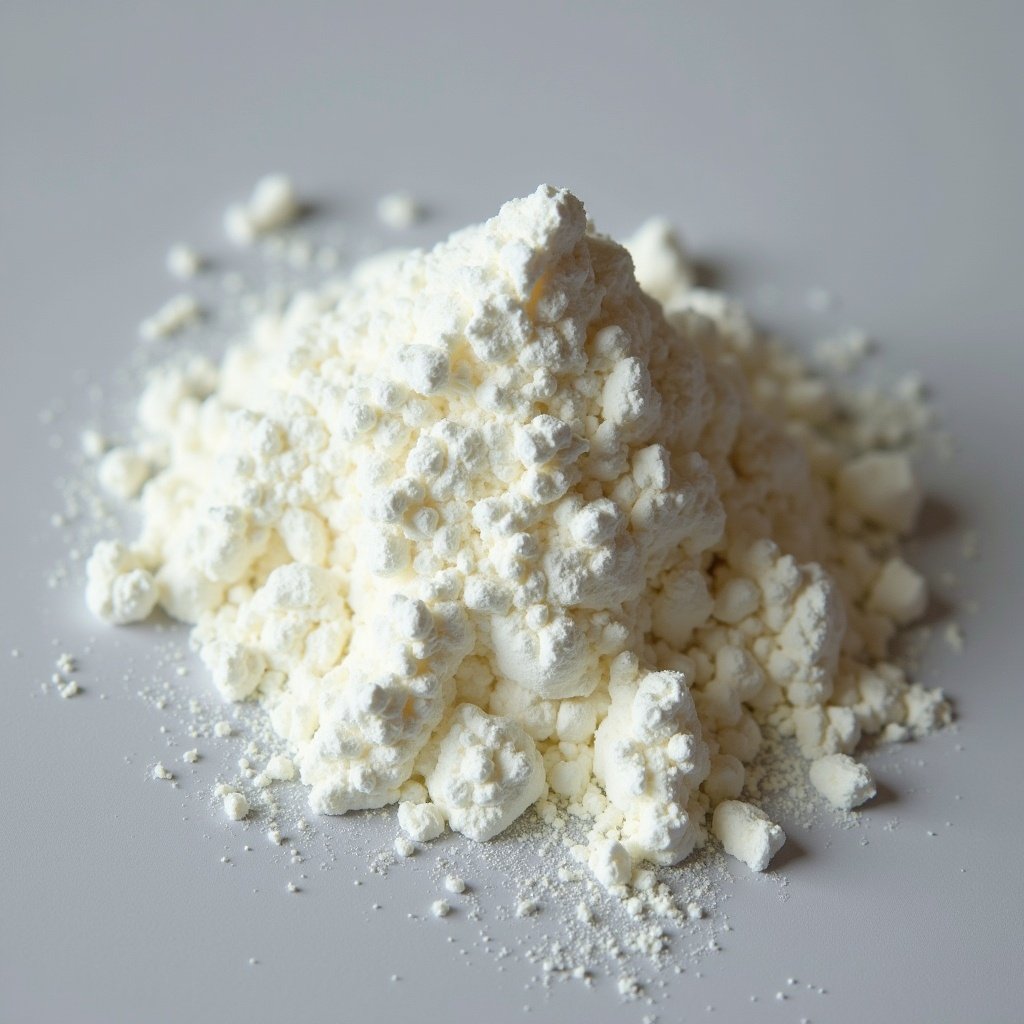 Heap of white powder on a smooth surface. Subtle texture visible. Top-down perspective. Soft lighting highlights the powder's details.