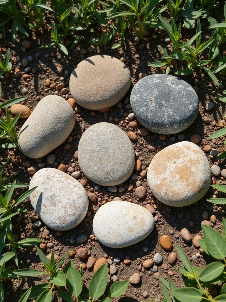 Six pebbles arranged in a circle in a sunny clearing. Three are round and three are oblong. Green plants surround the pebbles. Natural setting with clear view of the stones.