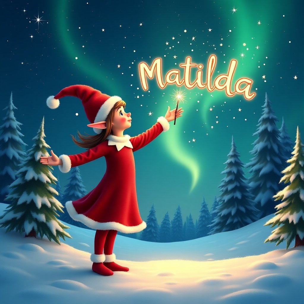 The scene features a charming elf dressed in a vibrant red outfit with a pointed hat. She gracefully holds a sparkling wand, creating a magical atmosphere. In this enchanting moment, the elf writes the name 'Matilda' in the starry sky. The background showcases a snowy landscape filled with evergreen trees, illuminated by the shimmering Northern Lights. The whimsical setting captures the joy and magic of childhood during the Christmas season. The elf continues to elegantly write the names 'Hana' and 'Ada' amidst the stars, enhancing the magical experience.