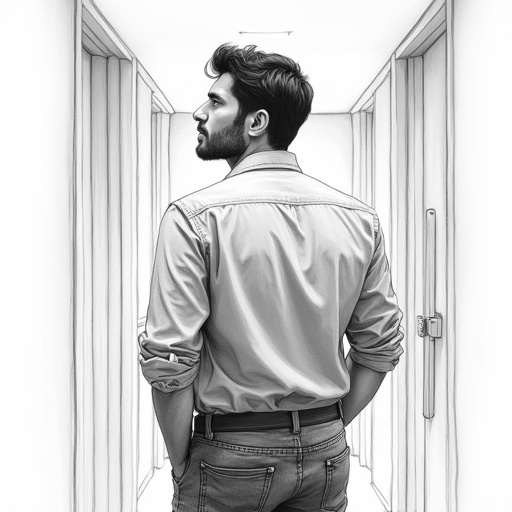 Highly detailed pencil sketch of man in corridor. Subject showcases exhaustion and resolve. Mid-30s man wearing light blue shirt and dark jeans. Disheveled thick black hair and defined jawline. Monochrome composition with true black-and-white aesthetic. Focused shot over the shoulder. Sharp ultra-high-resolution details.