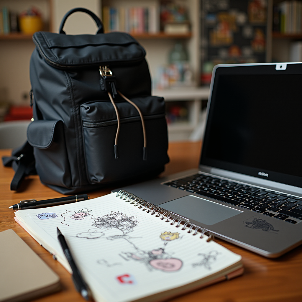 A cozy desk setup featuring a laptop, doodle-filled notebook, and a stylish black backpack.