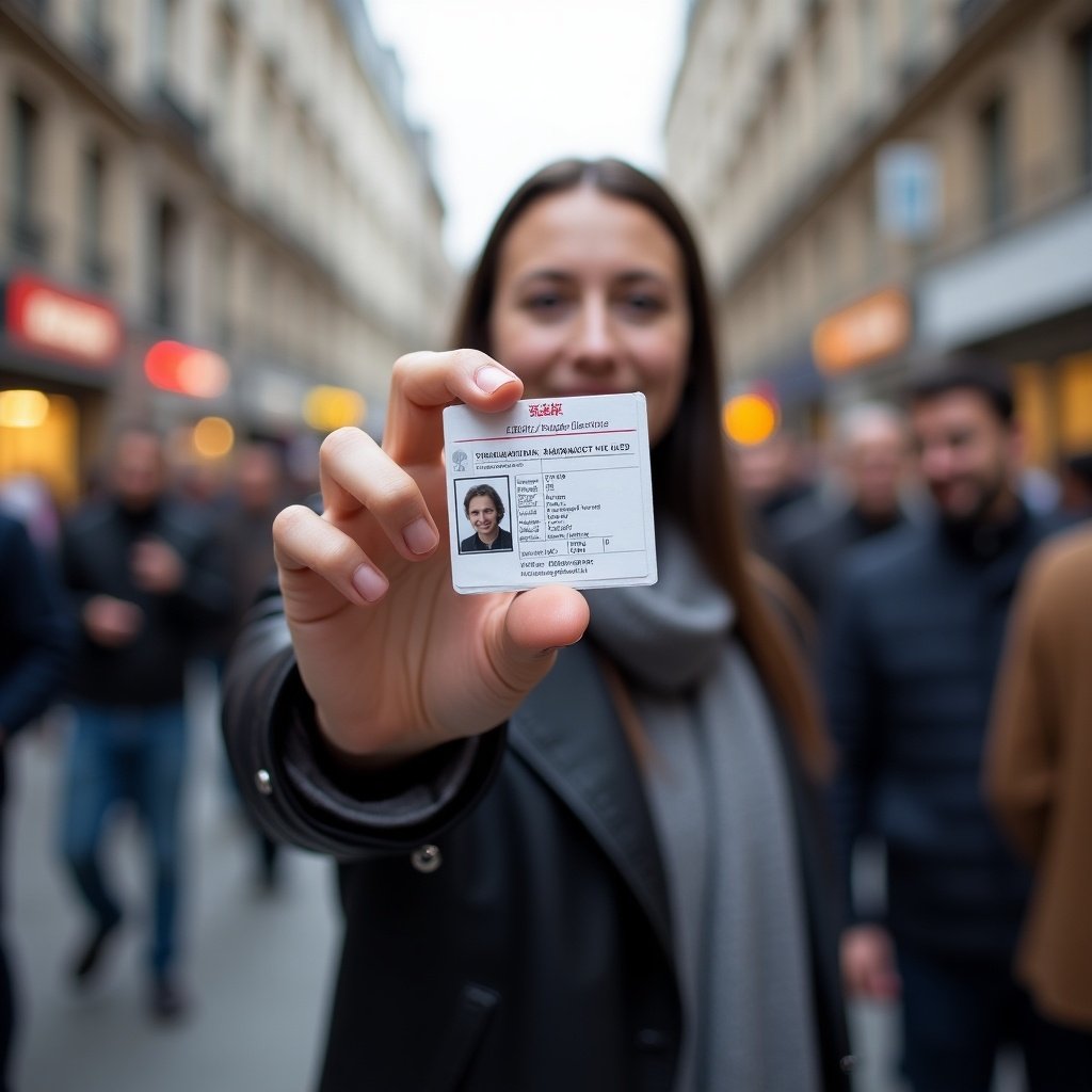 A person stands in the middle of a busy urban street, holding up an identification card prominently. The card shows detailed information, but the focus is on the person and their confident expression. Surrounding them, people go about their day, creating a lively urban atmosphere. The street features typical city elements like shops and pedestrians. The person appears engaged, showcasing the importance of personal identification in an urban setting.