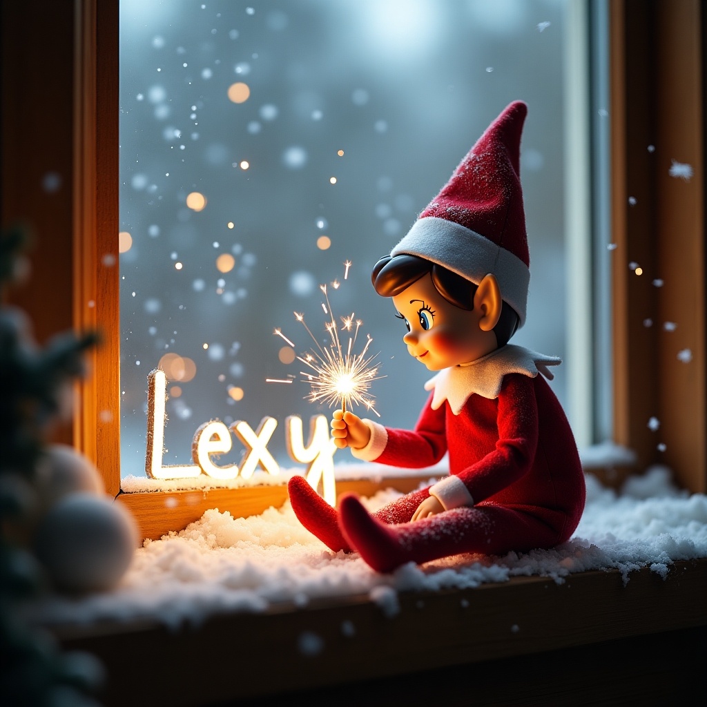 A cute elf on the shelf girl is writing the name Lexy with a sparkler. She is sitting on a window ledge covered in snow. Outside the window, fluffy snowflakes are falling, creating a magical winter scene. The elf is dressed in traditional red and white, complete with a pointed hat. The warm glow from the sparkler adds a festive touch to the scene, illuminating her joyful expression.