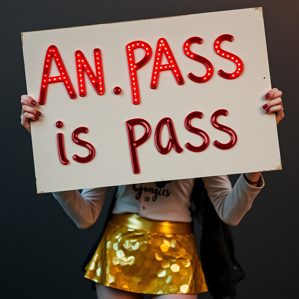 A person holds a sign with the phrase 'AN. PASS is PASS' in bright, bold letters.