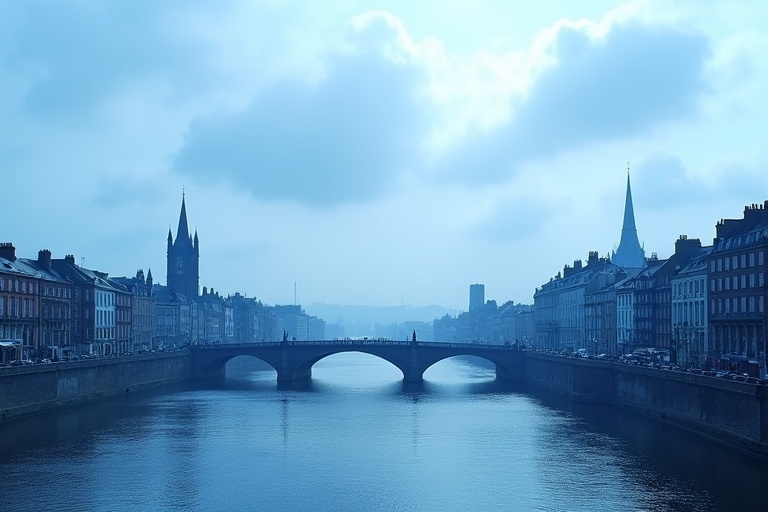 Image of Dublin city captured with a blue tone. A river flows through the city with a bridge and historic buildings on both sides. The sky is cloudy.