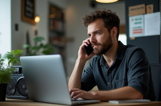 A bearded man is engaged in a phone call while working on his laptop in a modern, plant-filled office environment.