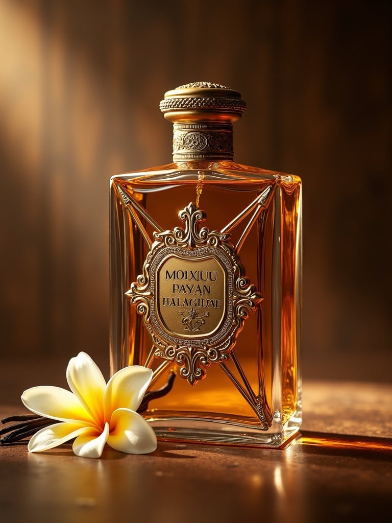 Luxurious perfume bottle with intricate design. Soft vanilla flower beside it. Rich amber liquid inside the bottle. Warm lighting highlighting the details.