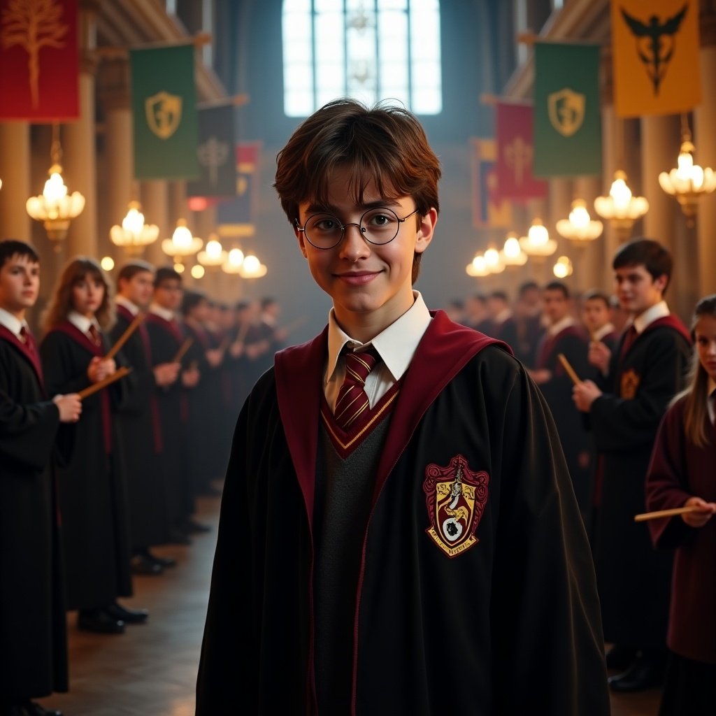 A young wizard stands confidently in a grand hall filled with classmates wearing Hogwarts robes. Warm lighting reveals banners and an enchanting atmosphere.