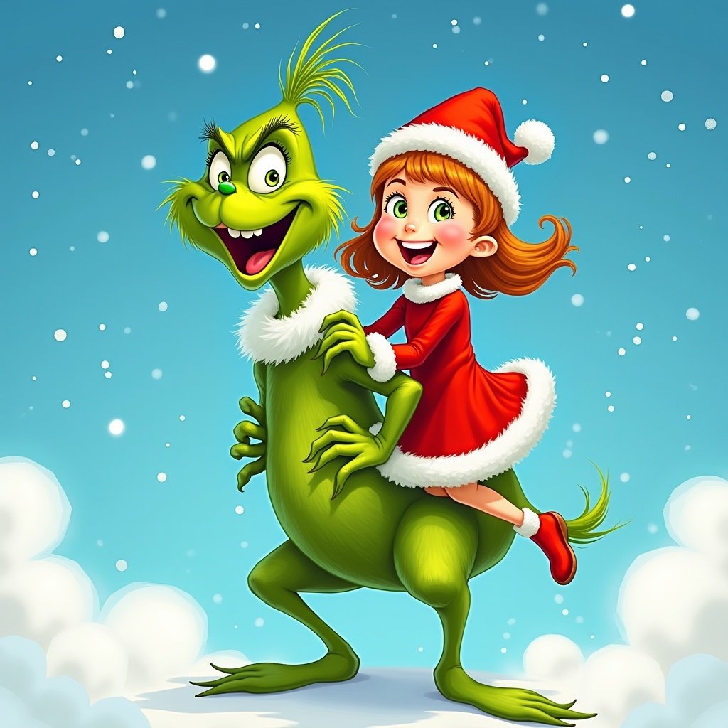 Whimsical festive scene featuring the Grinch and a young girl. The girl joyfully rides on the Grinch's back. Both look happy and excited. Background bright blue sky with fluffy white clouds. Grinch in classic green color, girl in red Christmas outfit with white trim. Illustration captures spirit of friendship and holiday joy.