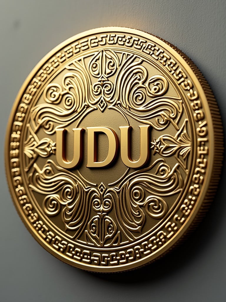 Design of a new coin featuring the name UDU. The coin has a 3D appearance with intricate detailing.