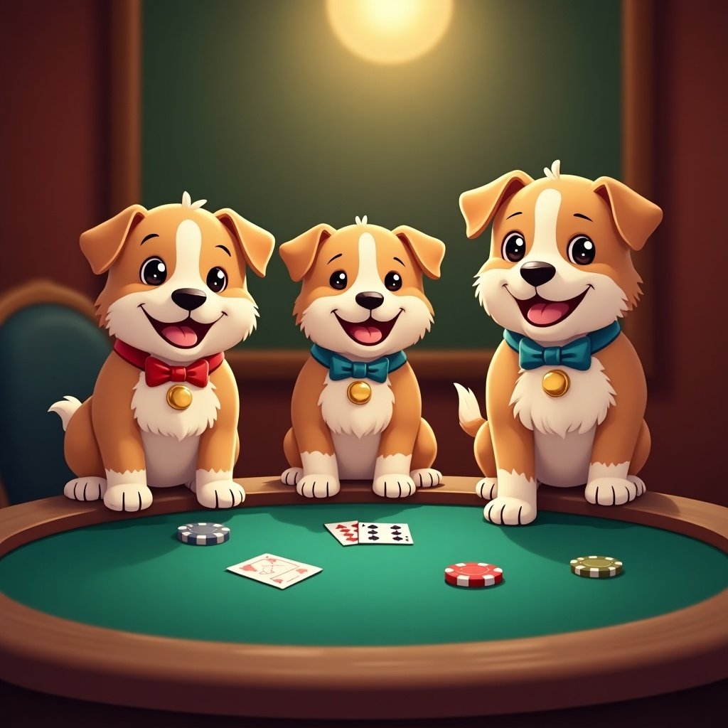 Three cartoon puppies sitting at a poker table. Puppies are smiling and looking at each other. Poker chips and cards are on the table. Illustration has a warm and friendly vibe.