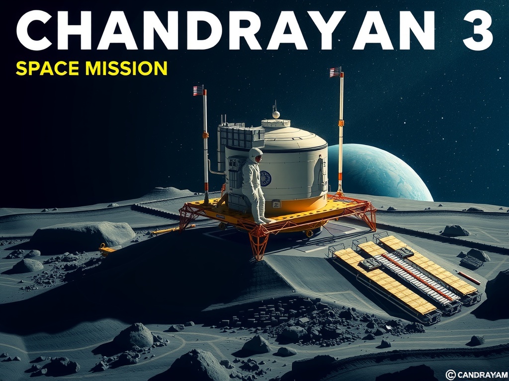 This image depicts an artistic rendering of the Chandrayaan 3 space mission on the surface of the Moon. A lunar module is set against the backdrop of space, with a lone astronaut standing beside it. The Earth is visible in the background, creating a striking composition of celestial bodies and human exploration.