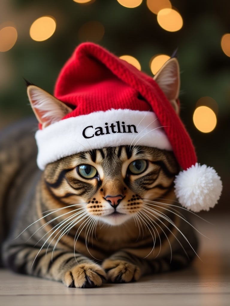 A cat with striking fur patterns is laying down. A red Christmas hat is worn on the cat's head. The hat has the name Caitlin embroidered on it. Soft bokeh lights are blurred in the background creating a festive look.