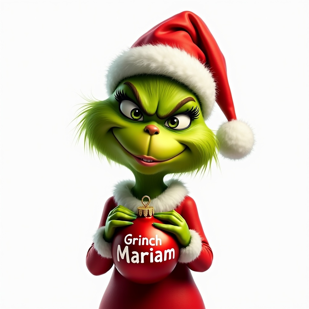 Female young Grinch with Santa hat holds a red ornament. Background is white. The Grinch character features an amused expression. The ornament says Grinch Mariam.