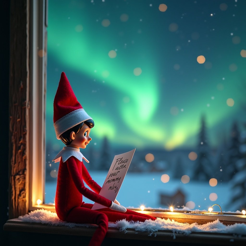 Elf on the shelf character writing message in the sky with northern lights visible outside a window during winter.