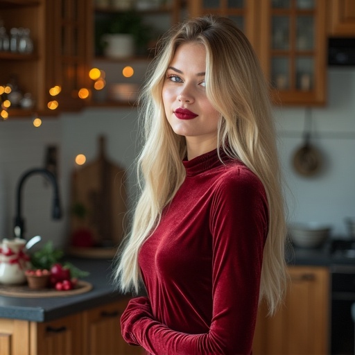 A young Scandinavian model stands in a modern kitchen. She has long, shiny light blonde hair and wears a burgundy Christmas dress. Her makeup is stunning with glossy lips and bright blue eyes. The pose is elegant and captures full body including legs. The kitchen is beautifully decorated for the holidays.