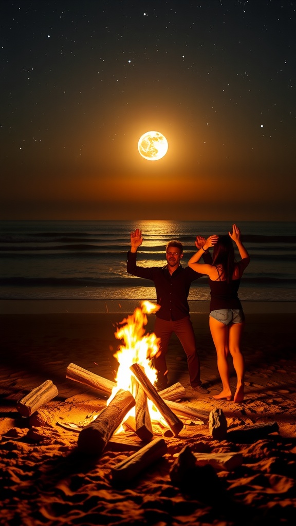 In this captivating image, a couple dances joyously around a blazing campfire on a sandy beach, under the glow of a magnificent full moon. The scene is illuminated by the warm hues of the firelight and the shimmering moonlight reflecting off the calm sea. The sky is dotted with stars, adding to the magical ambiance of the night.