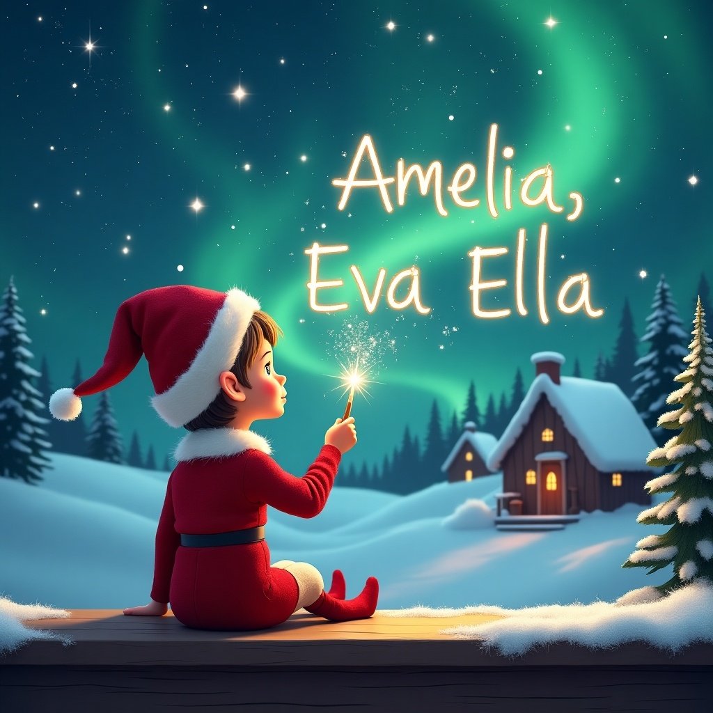 Elf in a red outfit with a pointed hat sits on a wooden ledge. Elf gazes at the night sky holding a sparkling wand. The wand writes names in the starry sky. Background shows snowy landscape with houses and trees, under Northern Lights. Whimsical Christmas scene.