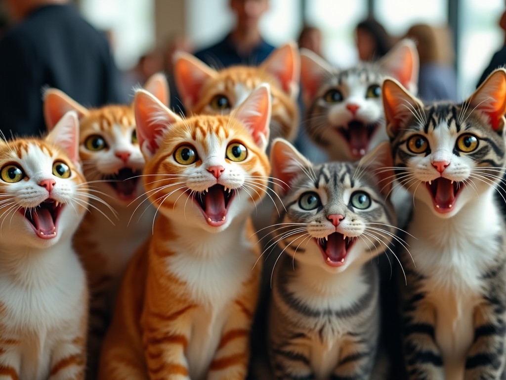 a group of cartoonish cats with wide open smiles and expressive eyes, colorful and cute, in a playful setting