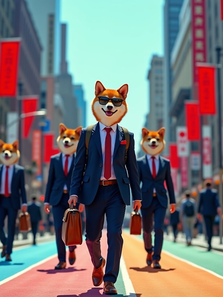 A group of businessmen wearing Shiba Inu dog masks walk down a vibrant street in New York City. They are dressed in formal suits holding briefcases. The street features colorful crosswalks with red banners and a busy urban background.