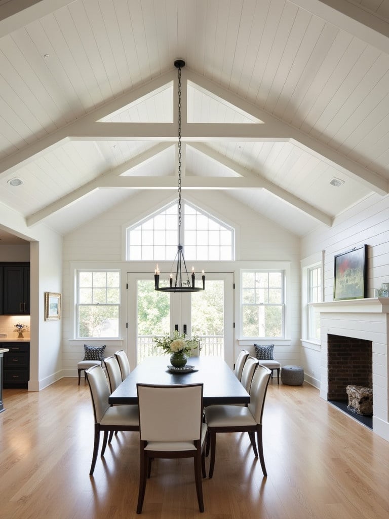 Spacious great room features a 19-foot vaulted ceiling. Modern kitchen is at one end. Cozy fireplace is at the other. White box beams and white oak shiplap adorn the ceiling. Large dining table sits in the center. Surrounded by light-colored chairs. Large windows fill the space with natural light and inviting atmosphere.