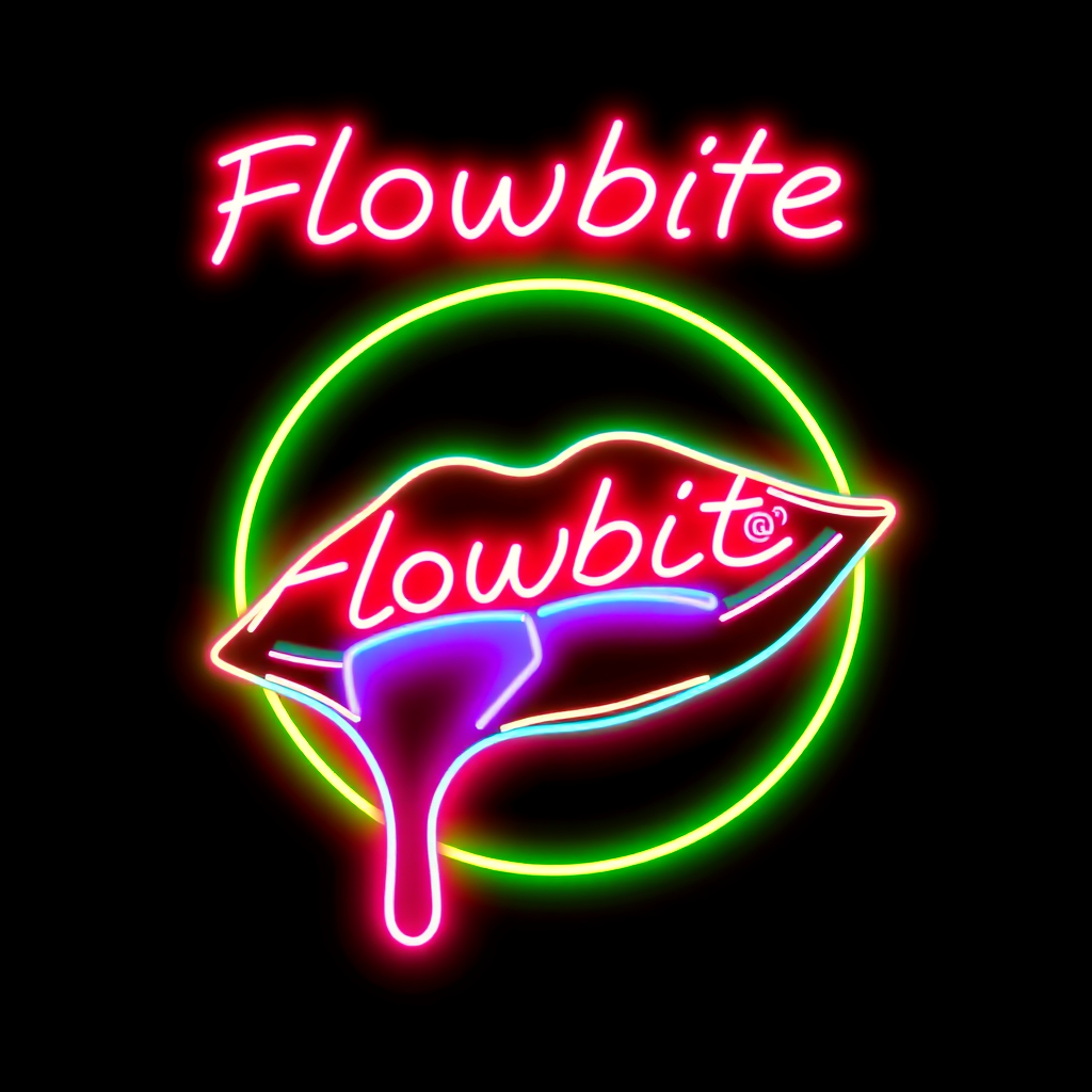 A neon sign featuring the word 'Flowbite' above stylized lips, with a neon green circle backdrop.