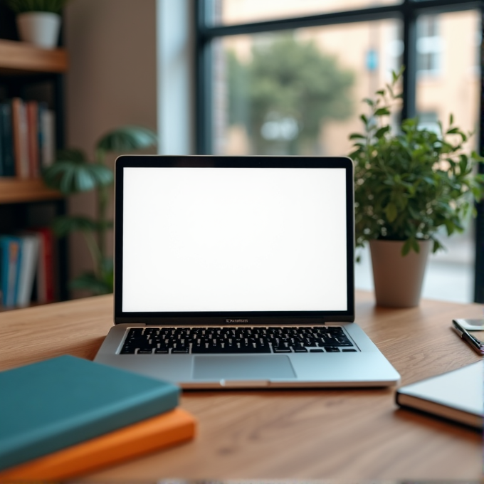 A laptop with a blank screen is placed on a wooden desk alongside books and a potted plant, with a window view of greenery outside.