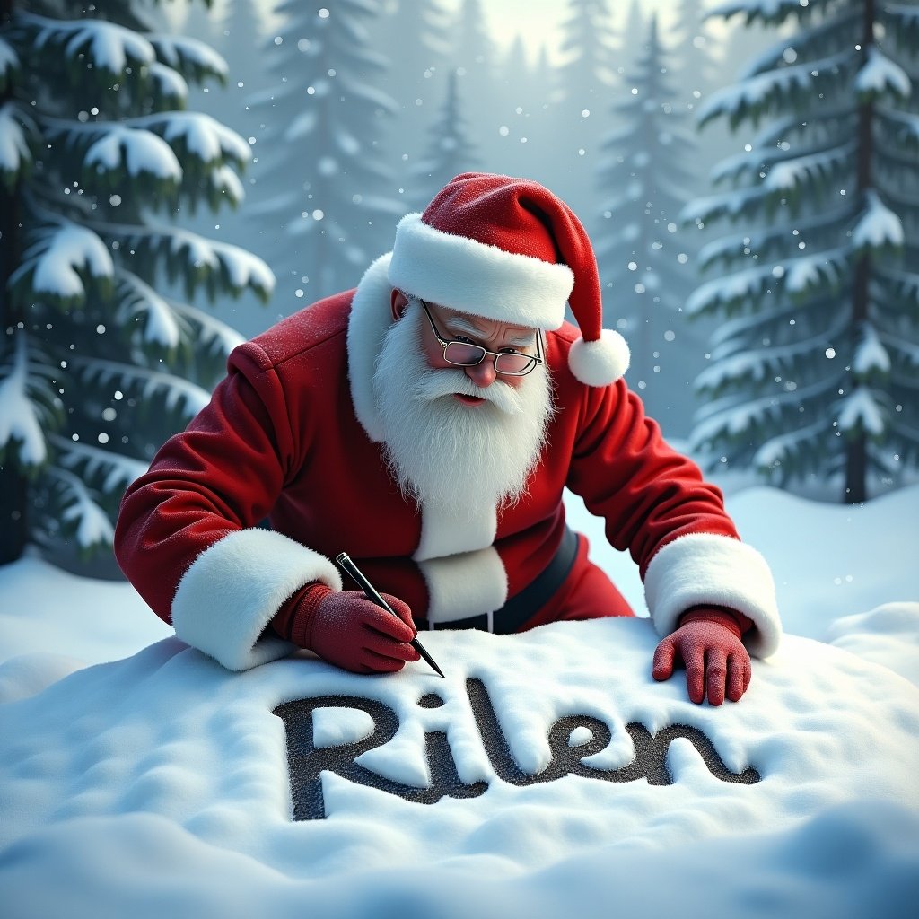 Santa Claus writes the name Rilen in the snow during a snowy winter scene.